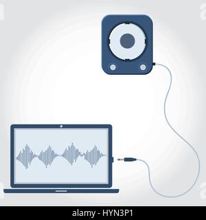 Laptop with speaker unplugged. Sound wave symbol showing on monitor. Empty space for insert text. Flat design. Stock Vector