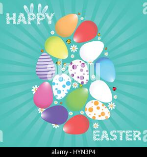 Easter illustration for your design. Multicolored, painted Easter eggs lined in the shape of an egg. With the inscription of happy easter and rabbit e Stock Vector