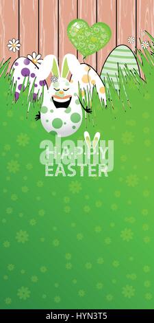 Easter illustration. Vertical orientation for your design. Amusing rabbit eggs with green air ball shaped heart on a background of wooden fence and gr Stock Vector