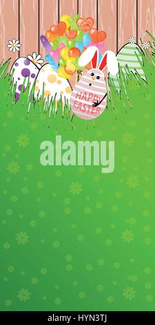 Easter illustration. Vertical orientation for your design. Funny Rabbit Eggs with an armful of bundles of air balloons against a background of wooden  Stock Vector