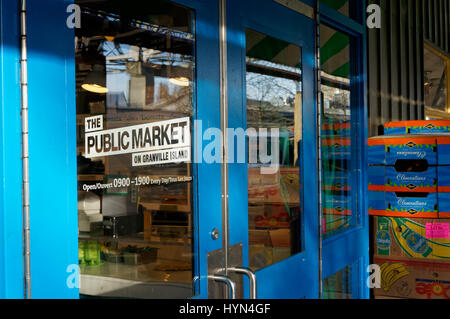 Sign painted on glass doors of the Granville Island Public Market, Vancouver, British Columbia, Canada Stock Photo