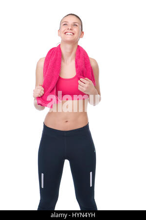 Cheerful young lady in sportswear holding boat pose with cute baby