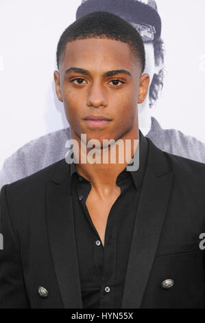 Keith Powers attends the Straight Outta Compton world premiere at L.A. Live on August 10th, 2015 in Los Angeles, California Stock Photo