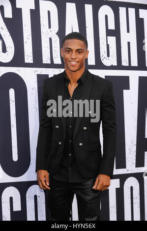 Keith Powers attends the Straight Outta Compton world premiere at L.A. Live on August 10th, 2015 in Los Angeles, California Stock Photo