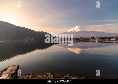 Reflection of Mount Fuji in Lake Kawaguchi in Japan Stock Photo