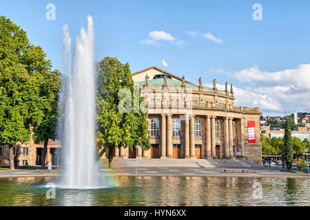 Stuttgart State Theatre building and fountain in Eckensee lake, Germany Stock Photo