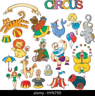 Circus cartoon icons collection with chapiteau tent and trained wild animals. Stock Vector
