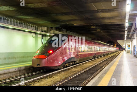 Milan, Italy - May 8, 2014: High-speed Alstom AGV train at Milano Porta Garibaldi railway station. Italian transport company NTV is the only commercia Stock Photo