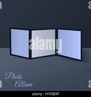 Threefold brochure realistic mockup on the wooden scene or table and wall. Stock Vector
