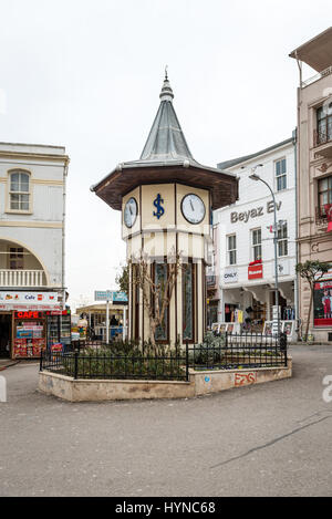 Buyukada, Turkey - January 22, 2017: Clock tower on Market square in Buyukada which is the biggest island of the Princes' Islands near Istanbul. It is Stock Photo
