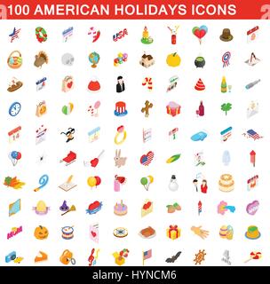 100 American holidays cons set, isometric 3d style Stock Vector