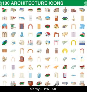100 architecture icons set, cartoon style Stock Vector