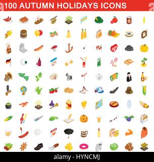 100 autumn holidays cons set, isometric 3d style Stock Vector