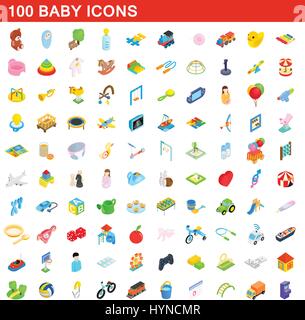 100 baby icons set, isometric 3d style Stock Vector