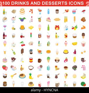 100 drinks and desserts icons set, isometric style Stock Vector