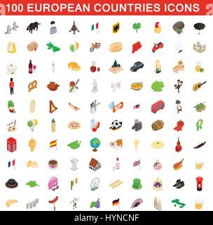 100 European countries icons set, isometric style Stock Vector