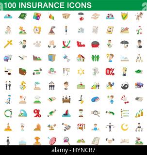 100 insurance icons set, cartoon style Stock Vector