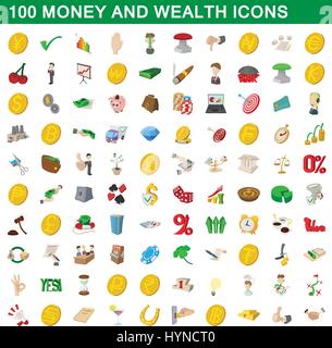 100 money and wealth icons set, cartoon style Stock Vector