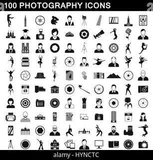 100 photography icons set, simple style Stock Vector