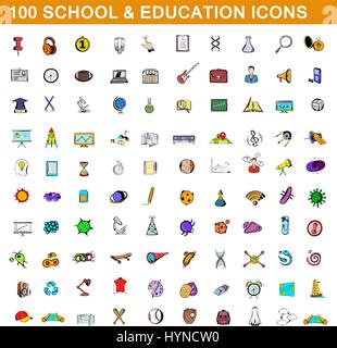 100 school and education icons set, cartoon style Stock Vector