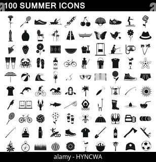 100 summer icons set, simple style Stock Vector