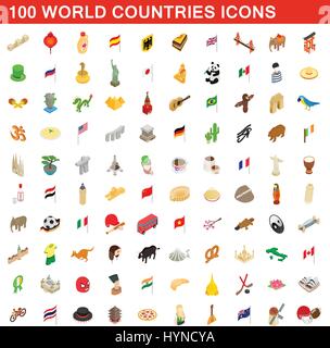 100 World countries icons set, isometric 3d style Stock Vector