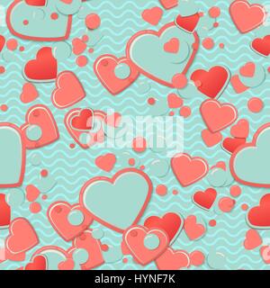 Blue Scrapbook paper, hearts with circles and waves. Valentines Day Greeting Card or postcard, scrap background. Stock Vector