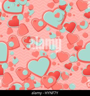 Pink Scrapbook paper, hearts with circles and waves. Valentines Day Greeting Card or postcard, scrap background. Stock Vector