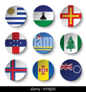 Set of world flags round badges ( Uruguay . Lesotho . Guernsey . Netherlands Antilles . Aruba . Norfolk Island . Faroe Islands . Madeira . Cook Island Stock Vector
