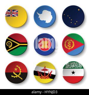 Set of world flags round badges ( Niue . Antarctica . Alaska . Vanuatu . ASEAN . Eritrea . Angola . Brunei Darussalam . Somaliland ) Stock Vector