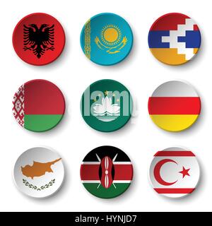 Set of world flags round badges ( Albania . Kazakhstan . Nagorno-Karabakh . Belarus . Macao . South Ossetia . Cyprus . Kenya . Northern Cyprus ) Stock Vector
