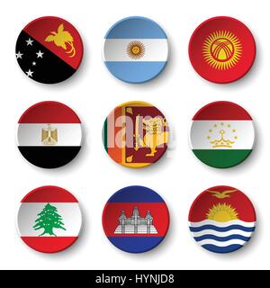 Set of world flags round badges ( Papua New Guinea . Argentina . Kyrgyzstan . Egypt . Sri Lanka. Tajikistan . Lebanon . Cambodia . Kiribati Stock Vector