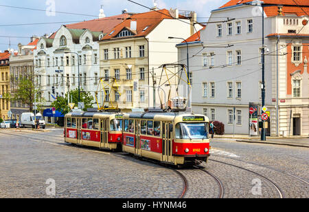 Prague, Czech Republic  - May 2, 2014: Tatra T3 trams at Pohorelec stop in Hradcany district of Prague. The Prague tram network consists of 142 km of  Stock Photo