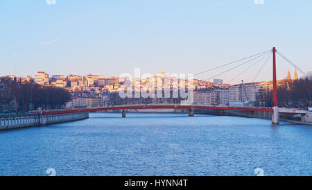 River Saone and Passerelle du Palais de Justice bridge, Lyon, Auvergne-Rhone-Alpes, France, Europe Stock Photo