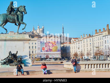 La Place Bellecour, Lyon, Auvergne-Rhone-Alpes, France, Europe. A UNESCO world heritage site at the heart of Presqu'ile (peninsula) Stock Photo