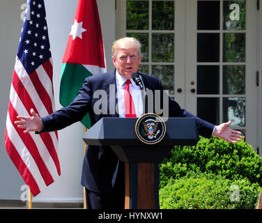 Washington, Us. 05th Apr, 2017. United States President Donald J. Trump and King Abdullah II of conduct a joint press conference in the Rose Garden of the White House in Washington, DC on Wednesday, April 5, 2017. Credit: Ron Sachs/CNP - NO WIRE SERVICE - Photo: Ron Sachs/Consolidated News Photos/Ron Sachs - CNP/dpa/Alamy Live News Stock Photo