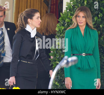 Washington, Us. 05th Apr, 2017. Queen Rania of Jordan, left, and first lady Melania Trump, right, walk along the Colonnade of the White House in Washington, DC on Wednesday, April 5, 2017. Credit: Ron Sachs/Pool via CNP - NO WIRE SERVICE - Photo: Ron Sachs/Consolidated News Photos/Ron Sachs - Pool via CNP/dpa/Alamy Live News Stock Photo