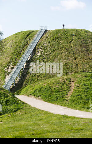 Castle Hill, Thetford, UK. 6th Apr, 2017. Made it, children climb Castle Hill, Thetford before the official opening of the new stairs to the top of the 12th century motte, UK Credit: Keith Mindham/Alamy Live News Stock Photo