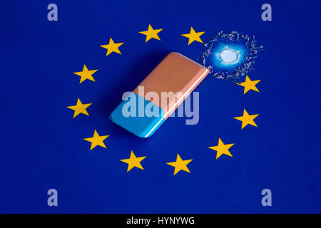 ILLUSTRATION - A rubber lies on top of the European Union (EU) flag, on which one of the stars has been erased. Taken 07.01.2017. The referendum on the UK's membership in the EU, also known as the EU or Brexit referendum, took place on June 23, 2016. 51.9 per cent voted to leave the European Union (Brexit), whereas 48.1 per cent voted to stay. The referendum is not legally binding. Before a secession from the EU becomes possible, the British government must formally notify the European Council. From that point on, the British government and the European Council will have two years to negotiate Stock Photo