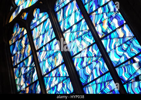 Hereford Cathedral, Hereford, UK. 6th Apr, 2017. Press preview of the new Special Air Service memorial at Hereford Cathedral - the installation is called 'Ascension' by sculptor and artist John Maine. It features a nine metre high stained glass window that contains over 3,000 pieces of coloured glass in parallax glazing plus stone sculpture at the base. Hereford is home to the Special Air Services Regiment ( 22 SAS ). Photo Steven May /Alamy Live News Stock Photo