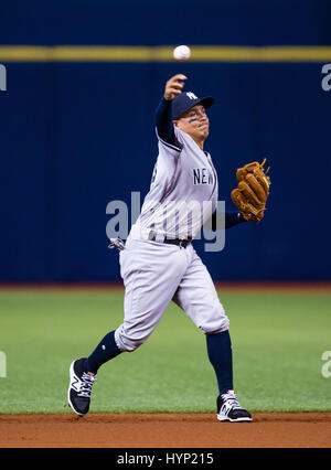 Tropicana Field. 05th Apr, 2017. Florida, USA-New York infielder Ronald Torreyes (74) in the game between the Yankees and the Rays at Tropicana Field. Del Mecum/CSM/Alamy Live News Stock Photo