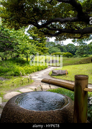 Bamboo water pipe and ripple circles in stone basin, Kiyosumi Garden. a  traditional Japanese stroll garden, Fukugawa, Tokyo Stock Photo