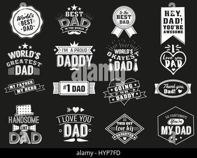 The variety of black and white dad signs. Isolated Happy fathers day quotes on the black background. Daddy congratulation label, badge vector collection. Mustache, hat, stars elements for your design. Stock Vector