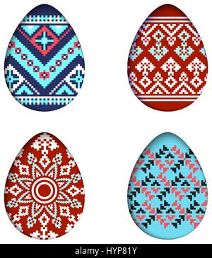 Isolated eggs vector set in paper cut style for banner, spring card or background design.Easter pixel tribal ornate design elements on the white background Stock Vector