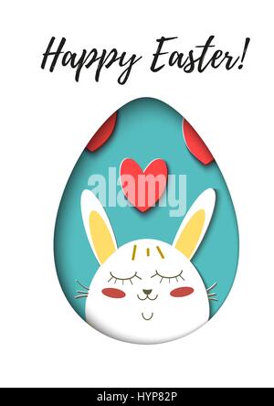 Greeting card with Happy Easter - rabbit and egg. Funny Bunny spring holiday cartoon. Vector cut out paper symbol in oval as egg Stock Vector