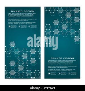 2 of modern vertical scientific banners. Molecular structure of DNA and neurons. Geometric abstract background. Medicine, science, technology, business and website templates. Vector illustration Stock Vector