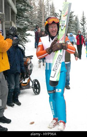 Eddie the Eagle, real name Michael Edwards, took to the slopes at the Canada Olympic Park in Calgary, Alberta in support of local jumpers. Around 1000 fans watched the 1988 Olympian jump.  Featuring: Eddie Edwards Where: Calgary, Canada When: 05 Mar 2017 Stock Photo