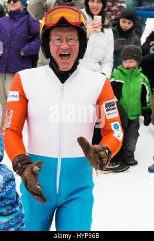 Eddie the Eagle, real name Michael Edwards, took to the slopes at the Canada Olympic Park in Calgary, Alberta in support of local jumpers. Around 1000 fans watched the 1988 Olympian jump.  Featuring: Eddie Edwards Where: Calgary, Canada When: 05 Mar 2017 Stock Photo