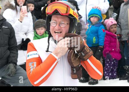 Eddie the Eagle, real name Michael Edwards, took to the slopes at the Canada Olympic Park in Calgary, Alberta in support of local jumpers. Around 1000 fans watched the 1988 Olympian jump.  Featuring: Eddie Edwards Where: Calgary, Canada When: 05 Mar 2017 Stock Photo