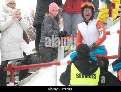 Eddie the Eagle, real name Michael Edwards, took to the slopes at the Canada Olympic Park in Calgary, Alberta in support of local jumpers. Around 1000 fans watched the 1988 Olympian jump.  Featuring: Eddie Edwards Where: Calgary, Canada When: 05 Mar 2017 Stock Photo